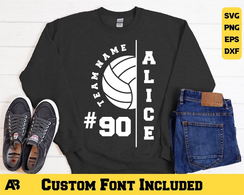 May include: A dark gray sweatshirt with white text that reads "Team Name #90 Alice" and a white volleyball graphic.