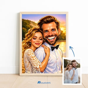 May include: A framed cartoon portrait of a smiling couple embracing, set against a sunset backdrop. The woman wears a white lace dress, and the man has a black bow tie. A smaller photo of the couple is in the lower right corner.