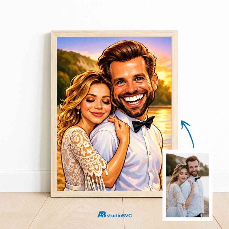 May include: A framed cartoon portrait of a smiling couple embracing, set against a sunset backdrop. The woman wears a white lace dress, and the man has a black bow tie. A smaller photo of the couple is in the lower right corner.