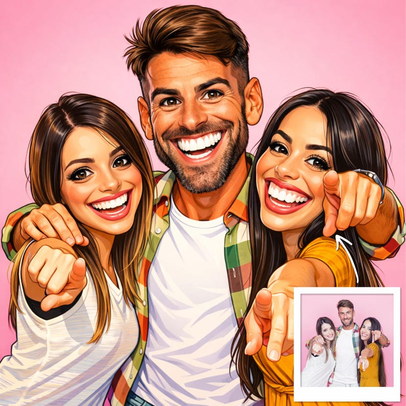 May include: Digital illustration of three smiling people pointing towards the viewer. The central figure is a man in a plaid shirt, flanked by two women. The image has a cartoon style with a pink background and a smaller image in the corner.