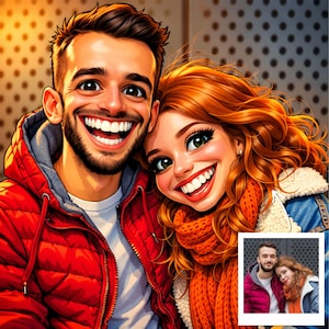May include: A cartoon illustration of a smiling couple. The man wears a red jacket and the woman has red hair and an orange scarf. A smaller image of the couple is in the bottom right corner. The background is a dotted pattern.