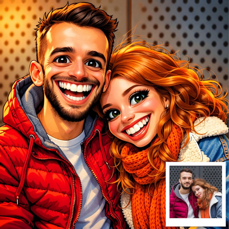 May include: A cartoon illustration of a smiling couple. The man wears a red jacket and the woman has red hair and an orange scarf. A smaller image of the couple is in the bottom right corner. The background is a dotted pattern.