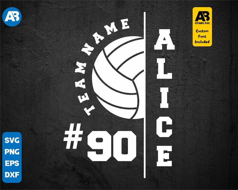 May include: White volleyball graphic with the text "TEAM NAME #90 ALICE" in a black and white design.