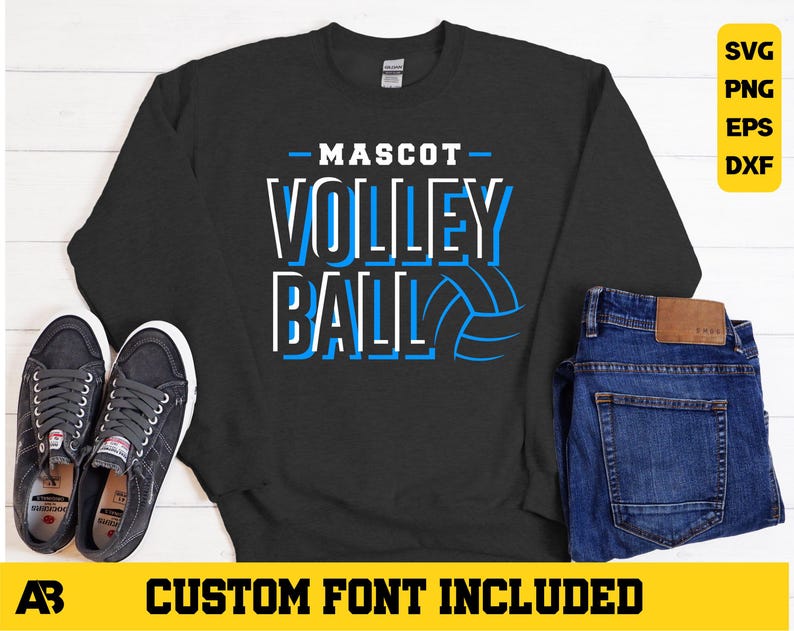 May include: A dark gray sweatshirt with the text "MASCOT VOLLEYBALL" in blue and white lettering. The text is outlined in white and the word "VOLLEYBALL" has a volleyball graphic next to it.