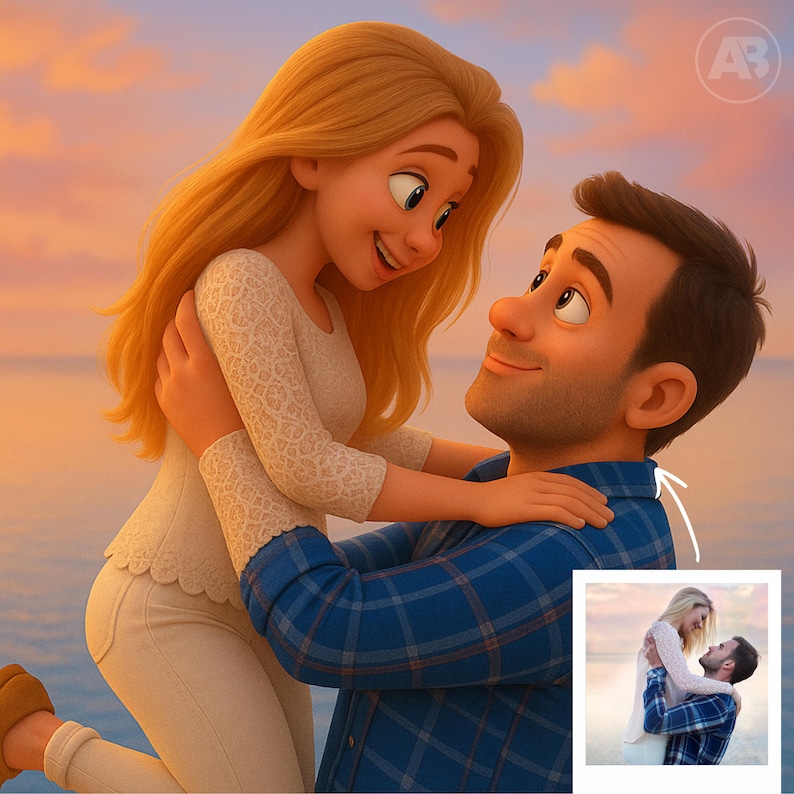 May include: A digital illustration of a couple embracing, set against a sunset backdrop. The woman has long blonde hair and wears a white lace top and pants. The man wears a blue plaid shirt. A smaller image of the couple is in the bottom right.