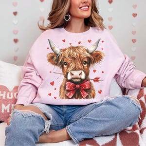 Pu&ograve; includere: Una felpa rosa con una simpatica illustrazione di una mucca delle Highlands che indossa un fiocco rosso e tiene una freccia nel naso. La mucca &egrave; circondata da piccoli cuori rosa. La felpa &egrave; indossata da una persona seduta su una coperta a motivi bianchi e rosa.