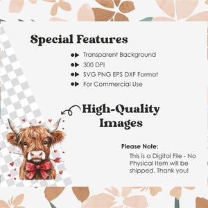 Pu&ograve; includere: Download digitale di un'illustrazione ad acquerello di una mucca delle Highlands con un fiocco rosso e una freccia nel naso. La mucca &egrave; circondata da cuori rossi. L'immagine ha uno sfondo trasparente ed &egrave; disponibile nei formati SVG, PNG, EPS e DXF. Il testo "Immagini di alta qualit&agrave;" &egrave; incluso anche nell'immagine.