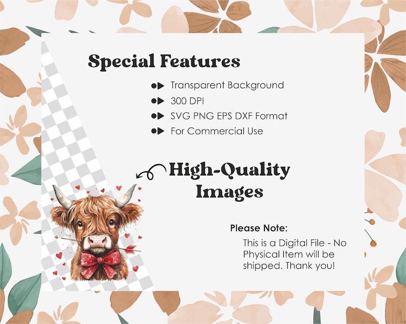 Pu&ograve; includere: Download digitale di un'illustrazione ad acquerello di una mucca delle Highlands con un fiocco rosso e una freccia nel naso. La mucca &egrave; circondata da cuori rossi. L'immagine ha uno sfondo trasparente ed &egrave; disponibile nei formati SVG, PNG, EPS e DXF. Il testo "Immagini di alta qualit&agrave;" &egrave; incluso anche nell'immagine.