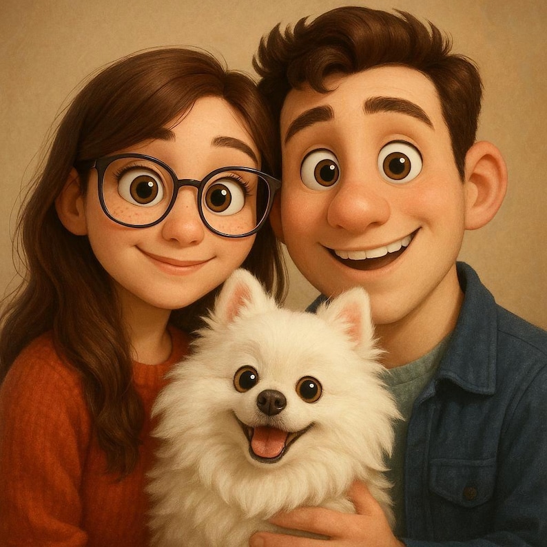 May include: A digital illustration of a smiling couple holding a fluffy white dog. The woman wears glasses and a red sweater, while the man is in a blue denim shirt. The dog has a happy expression.