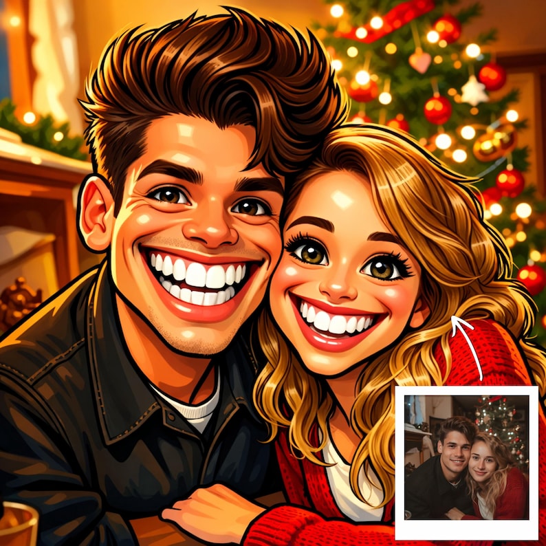 May include: A cartoon illustration of a smiling couple, with the man in a black jacket and the woman in a red sweater. A Christmas tree with ornaments is in the background. A smaller image of the couple is in the bottom right corner.