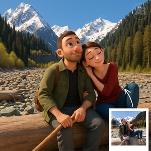May include: A cartoon couple sits on a log in a mountain landscape. The man wears a green jacket and backpack, holding a wooden stick. The woman leans on his shoulder, wearing a red shirt and blue jeans. Snow-capped mountains and a river are in the background.