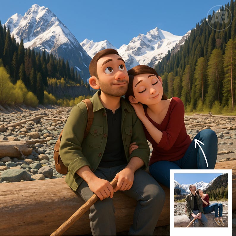 May include: A cartoon couple sits on a log in a mountain landscape. The man wears a green jacket and backpack, holding a wooden stick. The woman leans on his shoulder, wearing a red shirt and blue jeans. Snow-capped mountains and a river are in the background.