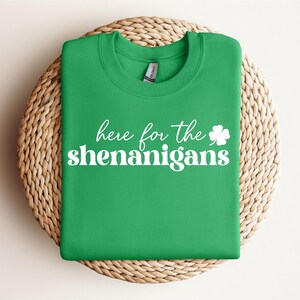 May include: Green sweatshirt with white text that says "Here for the shenanigans" and a white shamrock.