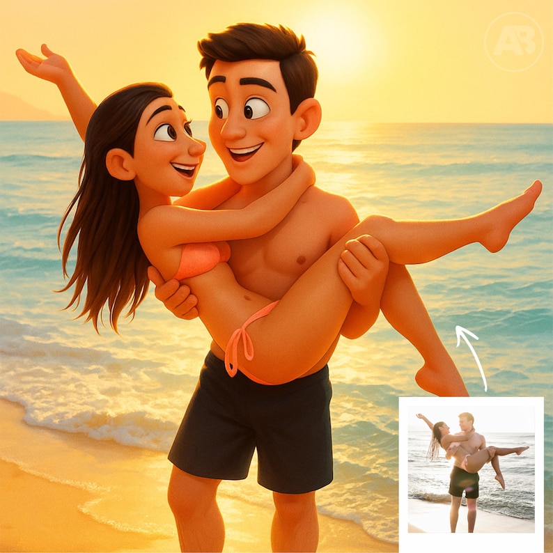 May include: A cartoon illustration of a man carrying a woman on a beach. The man is wearing black shorts, and the woman is wearing a pink bikini. The background features a sunset over the ocean, with the couple standing on the sand.