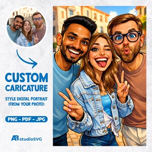 May include: Digital illustration of three smiling people in a cartoon style. The image includes the text "CUSTOM CARICATURE" and "STYLE DIGITAL PORTRAIT (FROM YOUR PHOTO)". The illustration is in a vibrant color palette.