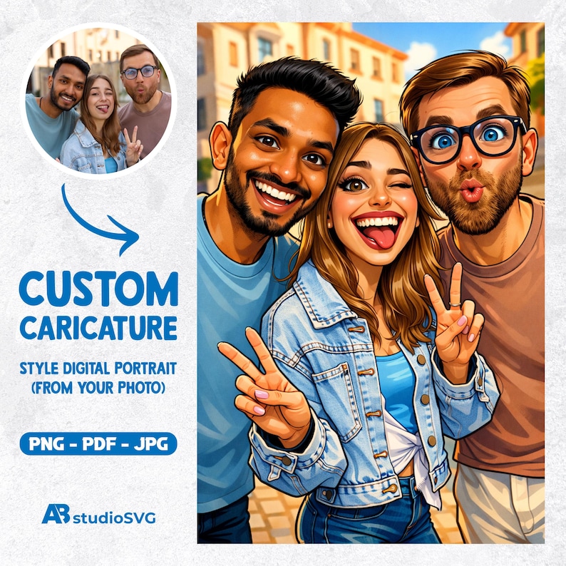 May include: Digital illustration of three smiling people in a cartoon style. The image includes the text "CUSTOM CARICATURE" and "STYLE DIGITAL PORTRAIT (FROM YOUR PHOTO)". The illustration is in a vibrant color palette.