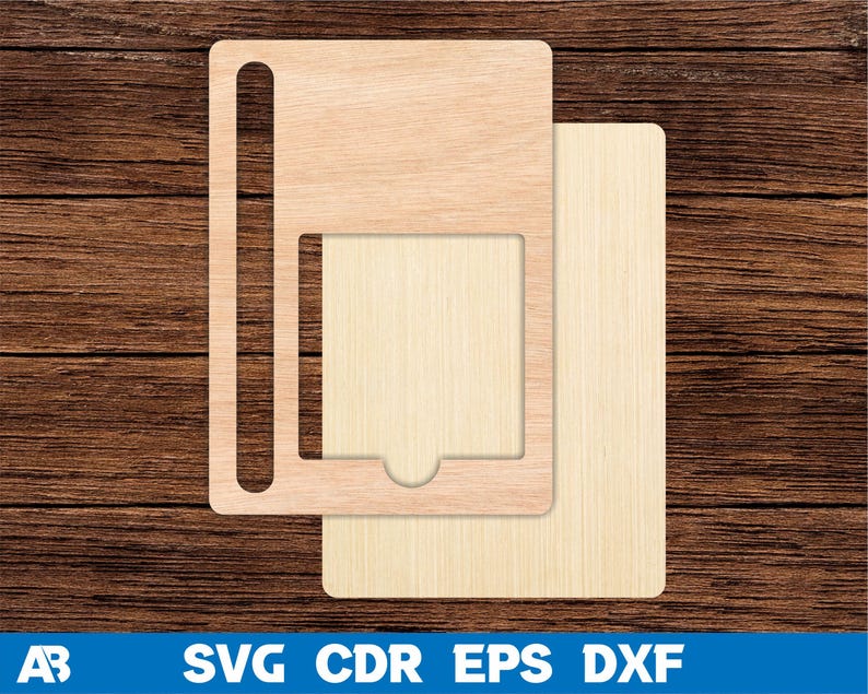 May include: A wooden phone stand with a slot for a phone and a cutout for a charging cable. The stand is made of two pieces of wood, one with a grain pattern and the other with a smooth surface.