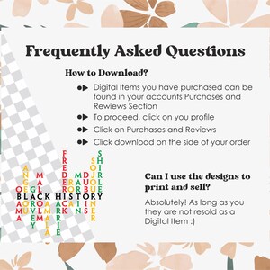 May include: A digital download FAQ with instructions on how to download digital items purchased on Etsy. The FAQ also includes information about using the designs for printing and selling. The image includes a word search puzzle with the words "Black History" in the center.