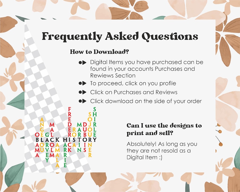 May include: A digital download FAQ with instructions on how to download digital items purchased on Etsy. The FAQ also includes information about using the designs for printing and selling. The image includes a word search puzzle with the words "Black History" in the center.