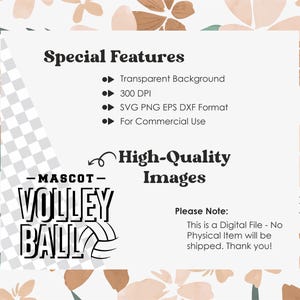 May include: A black and white graphic design of a volleyball mascot with the text "MASCOT VOLLEYBALL". The image has a transparent background and is available in SVG, PNG, EPS, and DXF formats. It is 300 DPI and for commercial use.