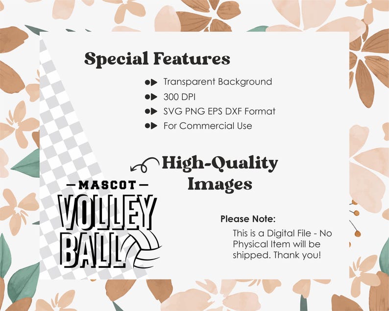 May include: A black and white graphic design of a volleyball mascot with the text "MASCOT VOLLEYBALL". The image has a transparent background and is available in SVG, PNG, EPS, and DXF formats. It is 300 DPI and for commercial use.