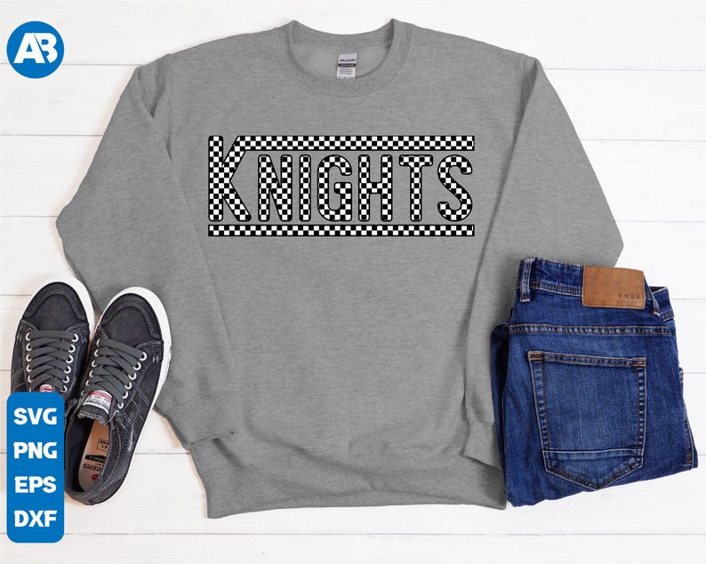 May include: Gray sweatshirt with the word "KNIGHTS" in black letters with a checkered pattern.