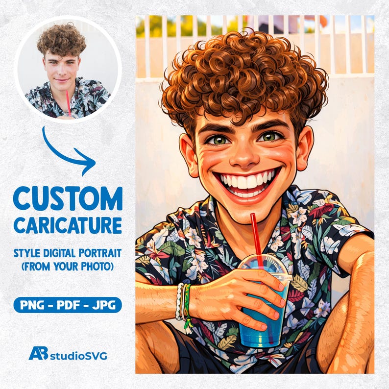 May include: A digital caricature of a young person with curly brown hair, wearing a floral shirt and holding a blue drink with a red straw. The image includes the text "CUSTOM CARICATURE" and "STYLE DIGITAL PORTRAIT (FROM YOUR PHOTO)".