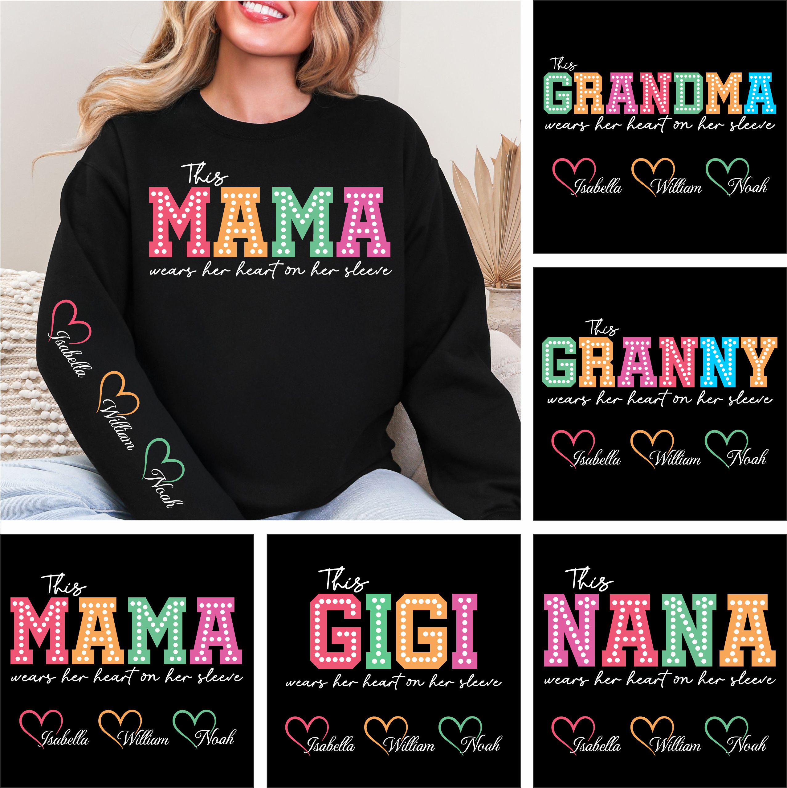 Diese Mama Oma Gigi Tante Nana trägt ihr Herz Svg Png, Ärmelshirt Design Svg, benutzerdefinierte Kindernamen, Muttertagsgeschenk, Muttertagssvg
