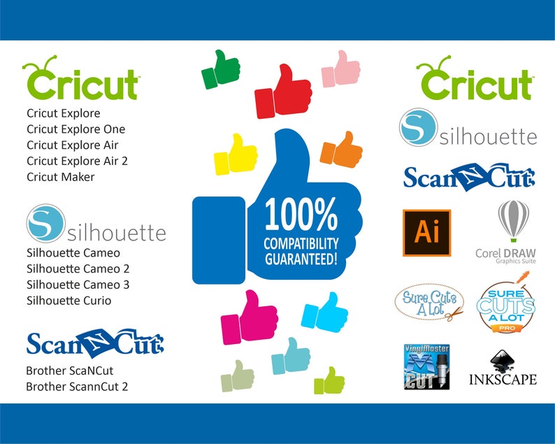 May include: A graphic showing thumbs up for compatibility between Cricut, Silhouette, ScanNCut, Adobe Illustrator, Corel Draw, Sure Cuts A Lot, and Inkscape software. The graphic includes the text "100% Compatibility Guaranteed!"