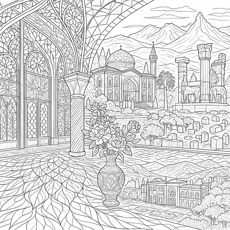 Shiraz Iran Coloring Page: Persian Architecture Line Art (digital ...