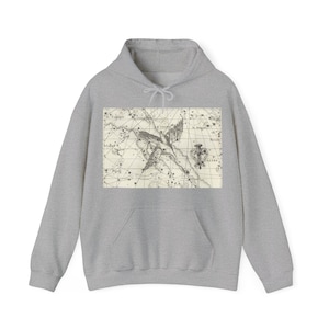 Puede incluir: Una sudadera con capucha de color gris jaspeado que presenta un estampado gráfico rectangular en el pecho. El estampado muestra un mapa celeste de estilo vintage con dibujos de líneas negras de constelaciones, estrellas y el texto LE CYGNE y LA LYRE.
