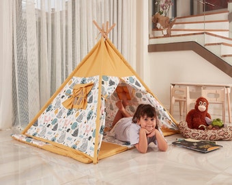 Foldable Play Tent with Natural Canvas Mat, Childrens Teepee Tents for kids