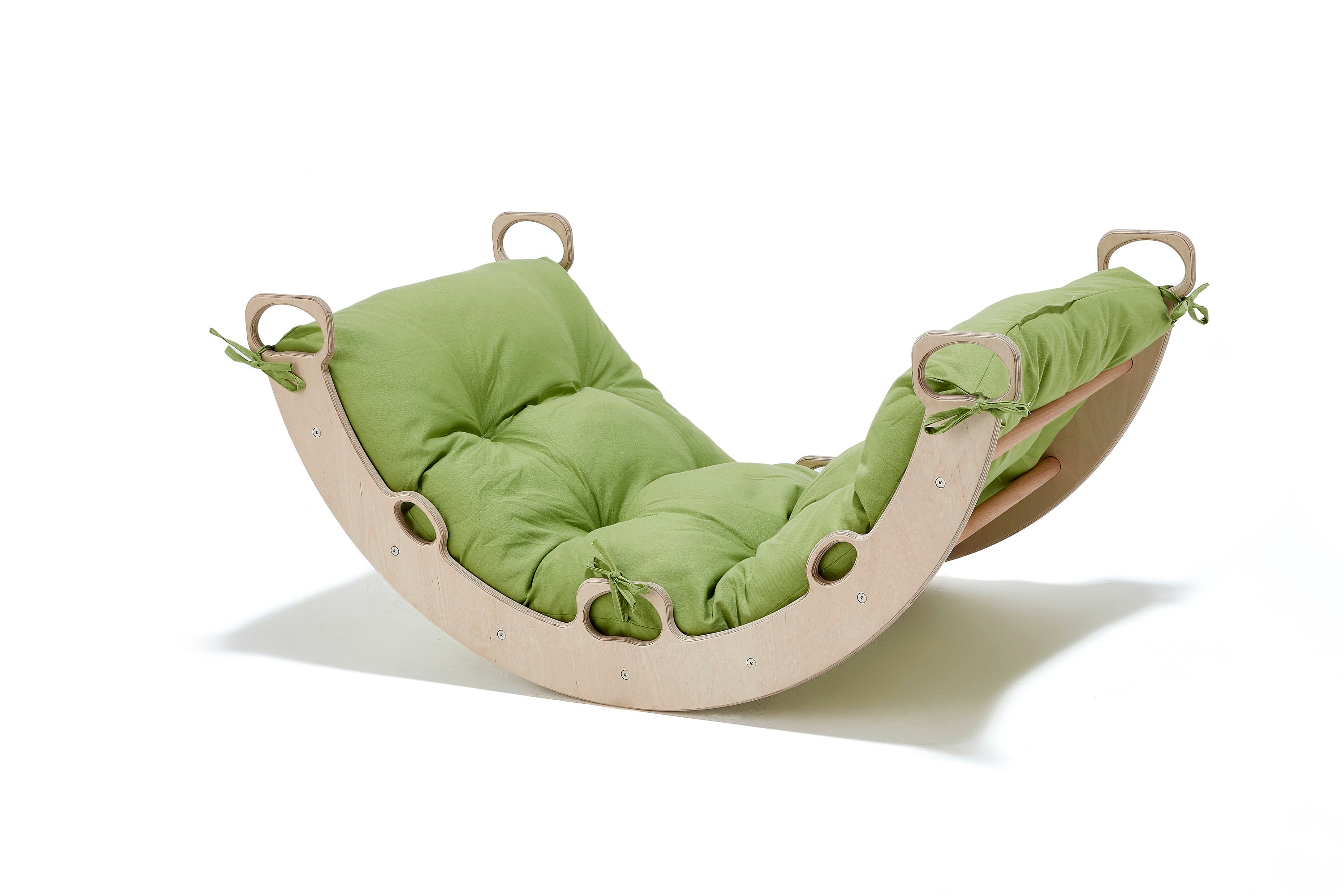 Arch Rocker Swing with Green Pillow, Wooden Climbing Montessori Toys for Kids