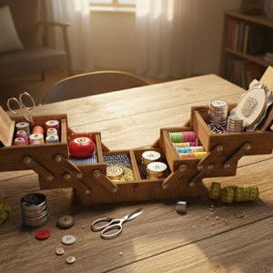 May include: A wooden sewing box with multiple compartments, filled with spools of thread, embroidery hoops, and other sewing supplies. Scissors, buttons, and measuring tape are scattered around the box on a wooden table. The box is open, revealing its contents.