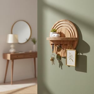 Könnte beinhalten: Ein hölzerner Wandorganizer mit kreisförmigem Design. Er verfügt über ein Regal mit einer kleinen Topfpflanze und einem kleinen weißen Objekt. Unter dem Regal befinden sich Haken für Schlüssel und Sonnenbrillen sowie ein kleiner gerahmter Bilderrahmen.