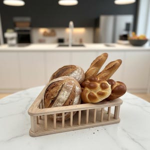 Puede incluir: Una cesta de pan de madera con varios tipos de pan, incluyendo hogazas redondas, baguettes y un pan trenzado. La cesta es de color claro y tiene forma triangular. El pan es de color marrón dorado y está sobre una superficie de mármol blanco.