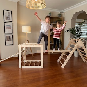 May include: Two children play on a wooden climbing structure with a ladder, a slide, and a platform. The structure is made of natural wood and has a simple design.