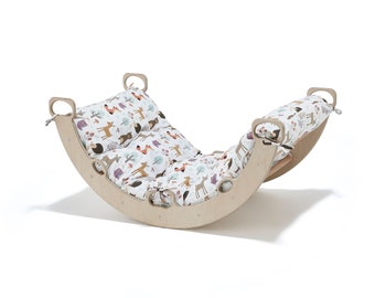 Montessori-klimbogenset: berkenhouten schommelstoel, hellingbaan en kussen