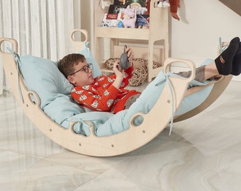 Arch Rocker Swing with Mint Green Color Pillow, Wooden Rocker Montessori Toys for Kids