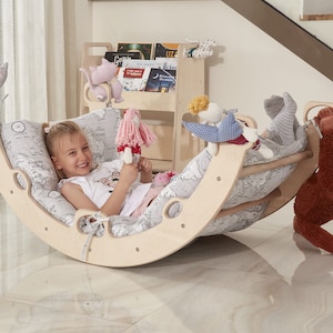 Jouet à bascule avec coussin design carte pour tout-petit, cadeau de Noël Arche d'escalade Montessori en bois pour bébé
