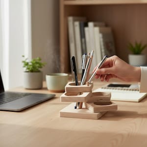Op de afbeelding: Een lichtgekleurde houten bureau-organizer met meerdere niveaus, elk met cirkelvormige uitsparingen voor pennen en potloden. Er zijn verschillende pennen en potloden zichtbaar in de organizer. De organizer staat op een lichtgekleurde houten bureau.