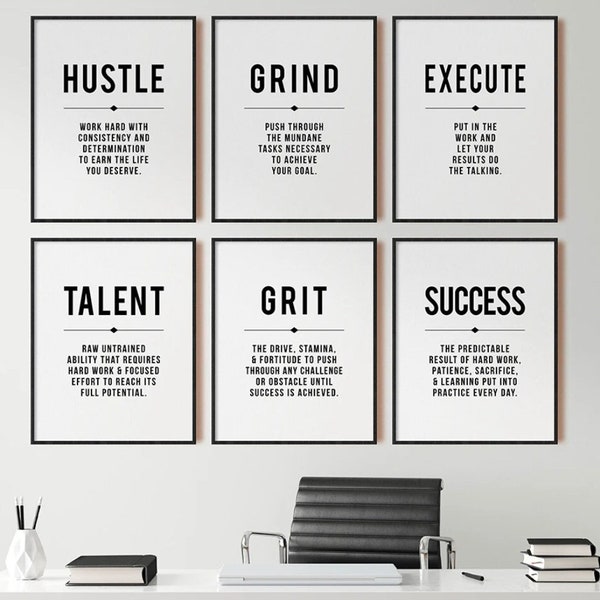 6er Set Hustle execute Grit Grind Success Talent motivierendes Poster für Home Office Inspiration Druck Büro Wand Dekor digitaler Download