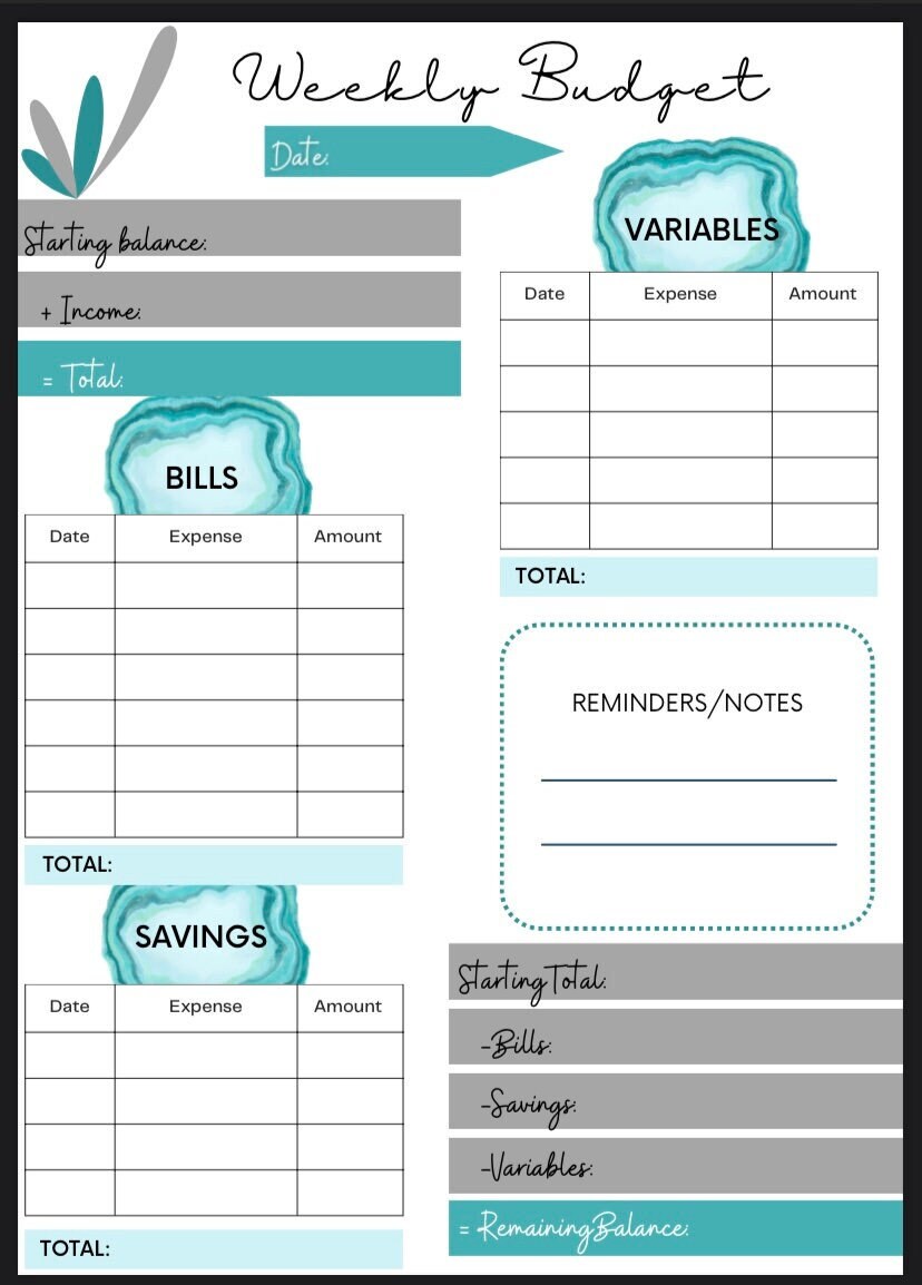 Printable Weekly Budget Sheet Etsy Printable Weekly Budget Sheet Etsy