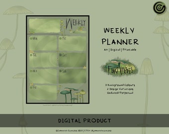 WEEKLY PLANNER: Green Mushroom • Digital Printable Template | Undated | A4 Portrait | Monday Sunday Start | Goblincore Stationery