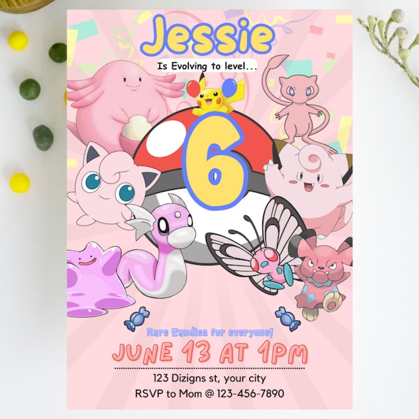 Może przedstawiać: Różowe i niebieskie zaproszenie na urodziny z kreskówkowym wizerunkiem postaci z Pokemonów. Zaproszenie zawiera napis "Jessie is Evolving to level... 6" oraz "Rare Candies for everyone! June 13 at 1 PM".