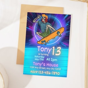 Skateboard Birthday Invitation | Skating Invite, Skate Board Party, Skater Template Editable-Printable | Skateboard Bday Card