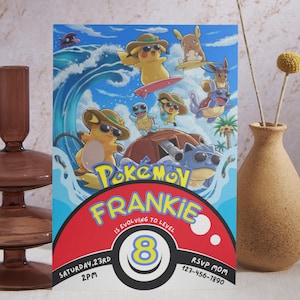 Convite do aniversário do partido do surf de Pokémon de <br> Entrega Rápida? Convite da festa na piscina do pelotão | Convite de festas do verão | convite de aniversário | Festa na piscina