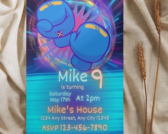 May include: A blue and purple birthday invitation with a cartoon image of boxing gloves. The invitation says "Mike 9 is turning" and includes the date, time, and location of the party. RSVP information is also included.