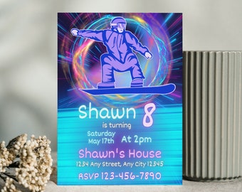 May include: A blue and purple birthday invitation with a graphic of a snowboarder in a neon circle. The text reads "Shawn 8 is turning Saturday May 17th At 2pm Shawn's House 1234 Any Street, Any City 12345 RSVP 123-456-7890"