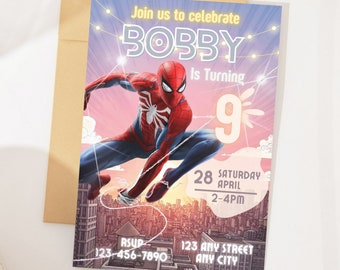 May include: A birthday invitation featuring a cartoon image of Spiderman swinging through a city skyline. The invitation is for Bobby's 9th birthday party, which will be held on Saturday, April 28th from 2-4pm. The invitation includes the address and phone number for the party.